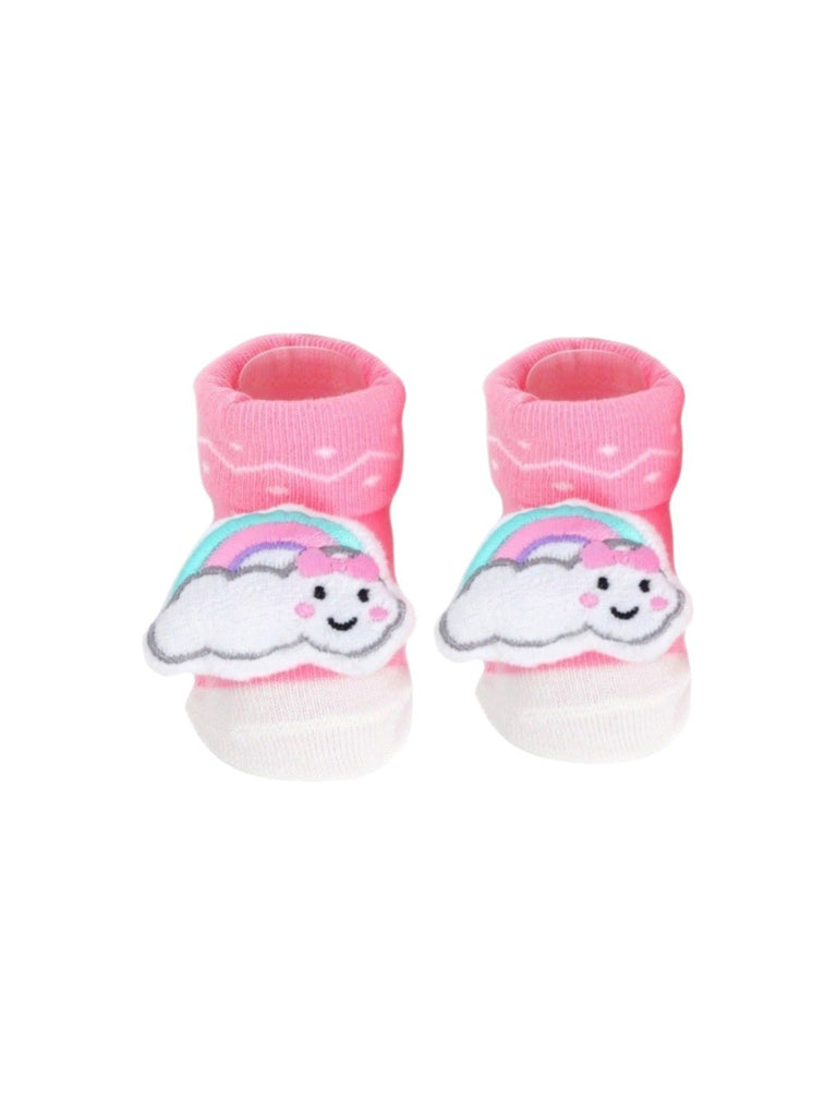 Top view of pink baby booties with a whimsical 3D rainbow and cloud design, perfect for babies.