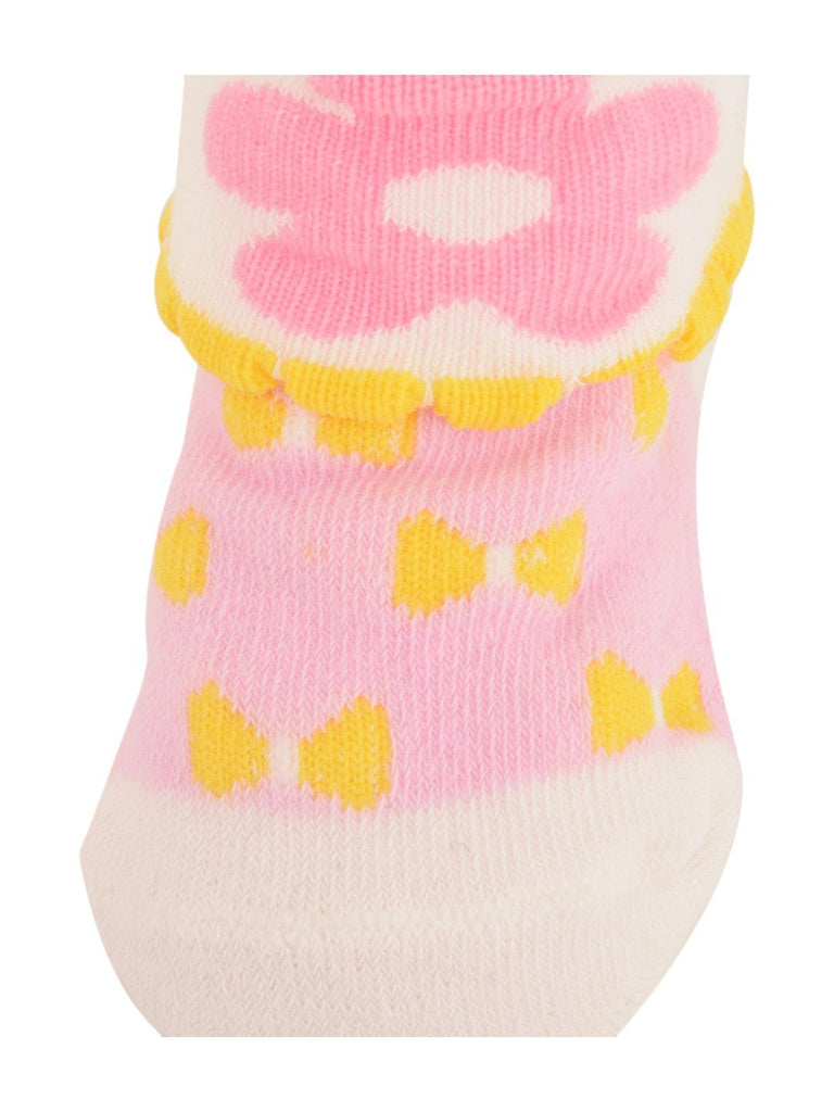 Pink Baby Socks with Yellow Bows and Flower Cuffs Closeup View.