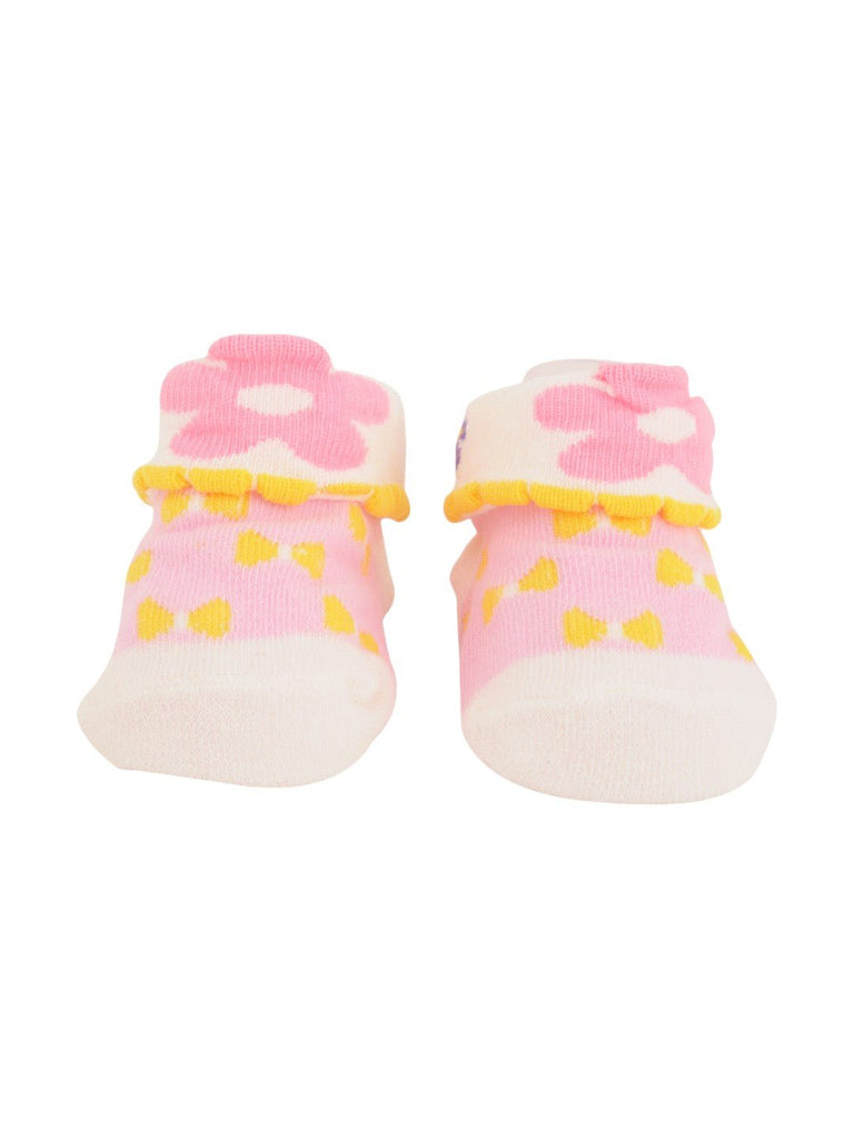 Pink Baby Socks with Yellow Bows and Flower Cuffs Product View.