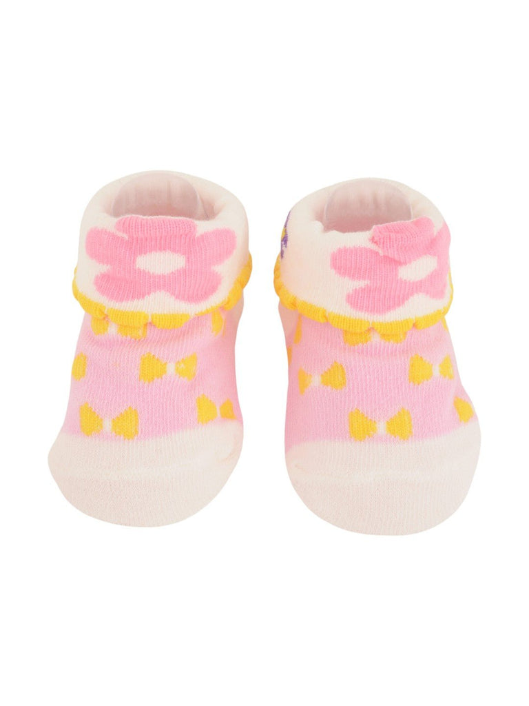 Pink Baby Socks with Yellow Bows and Flower Cuffs Upper View.