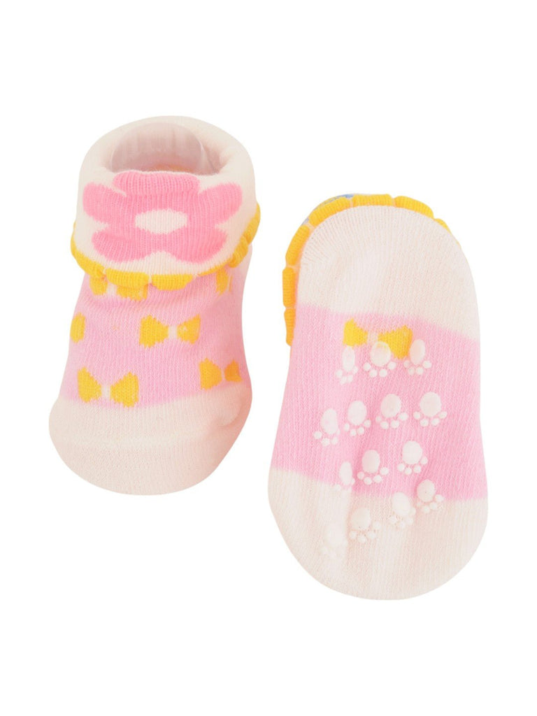 Pink Baby Socks with Yellow Bows and Flower Cuffs Front and Back View.