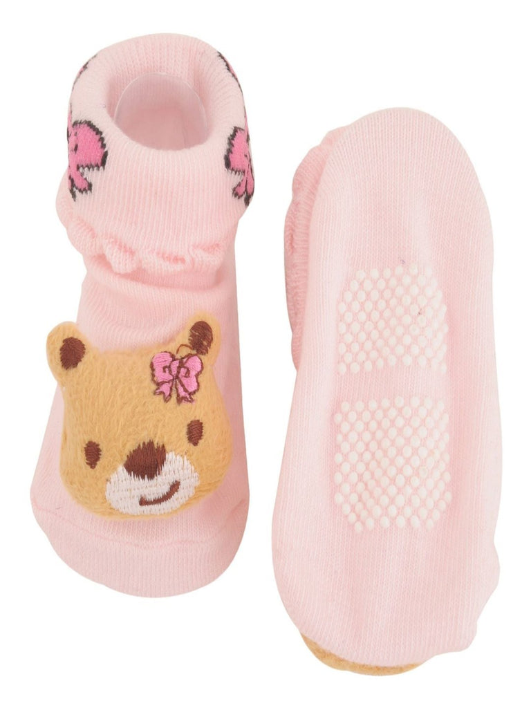 Pink Bear Baby Socks with Butterfly Accents Front & Back View - Yellow Bee