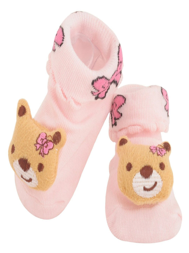 Pink Bear Baby Socks with Butterfly Accents Upper View - Yellow Bee