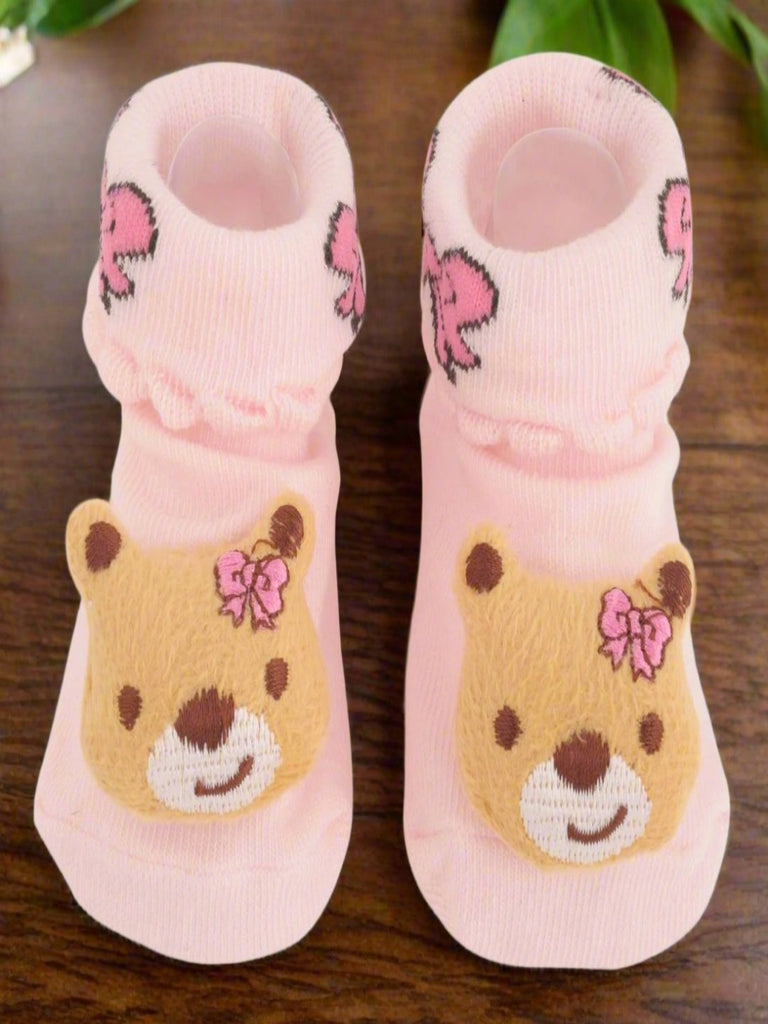 Pink Bear Baby Socks with Butterfly Accents Product View - Yellow Bee
