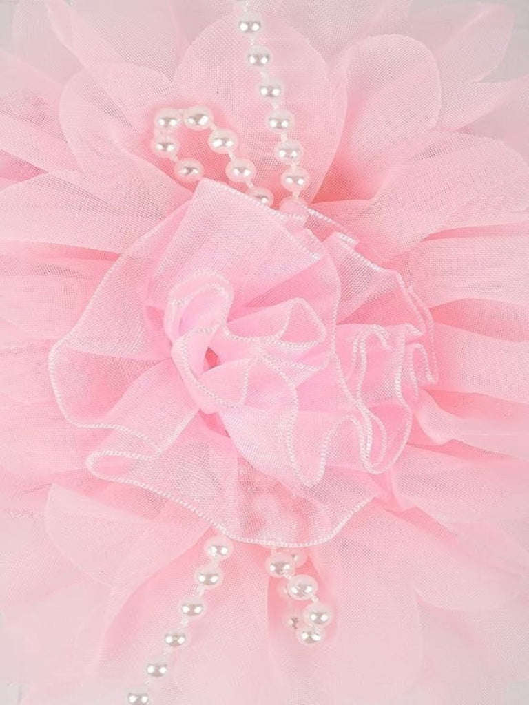 Pink Big Ruffle Flower Infant Hair band with String of Pearls showing design