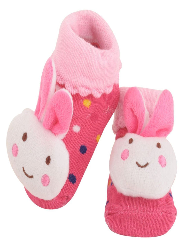 Pink Bunny Face Baby Socks with 3D Ears Upper View - Yellow Bee