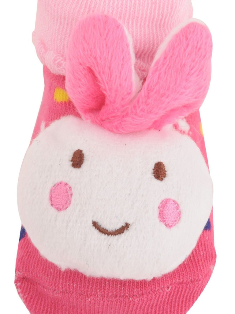 Pink Bunny Face Baby Socks with 3D Ears Close View - Yellow Bee