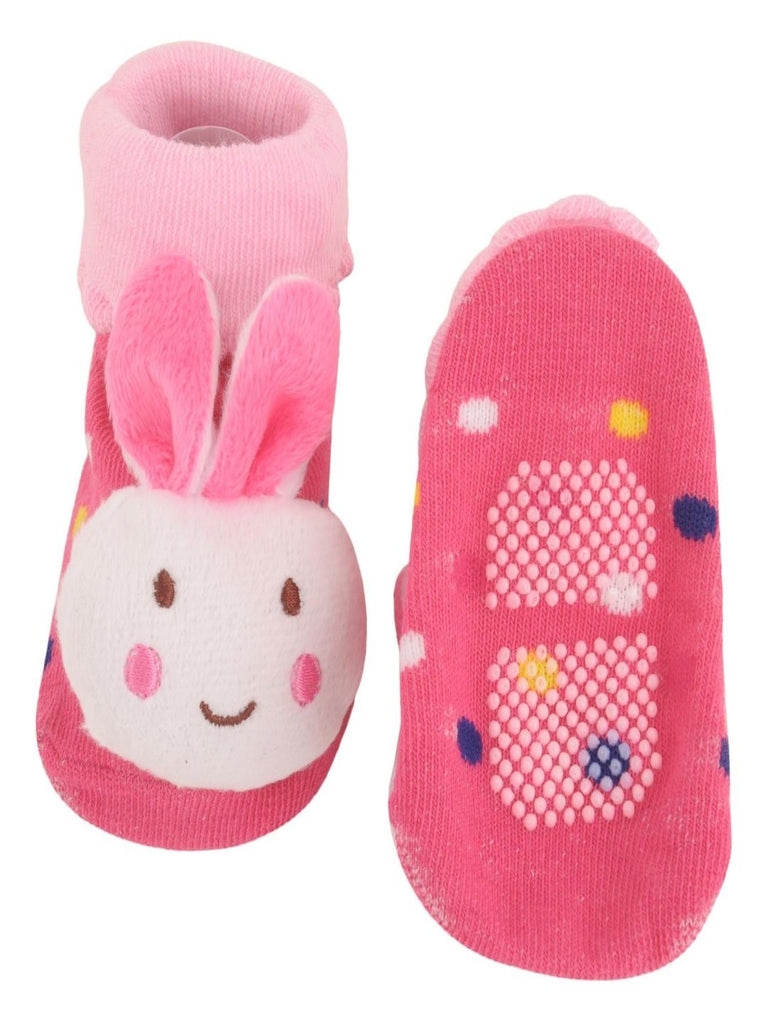 Pink Bunny Face Baby Socks with 3D Ears Front & Back View - Yellow Bee