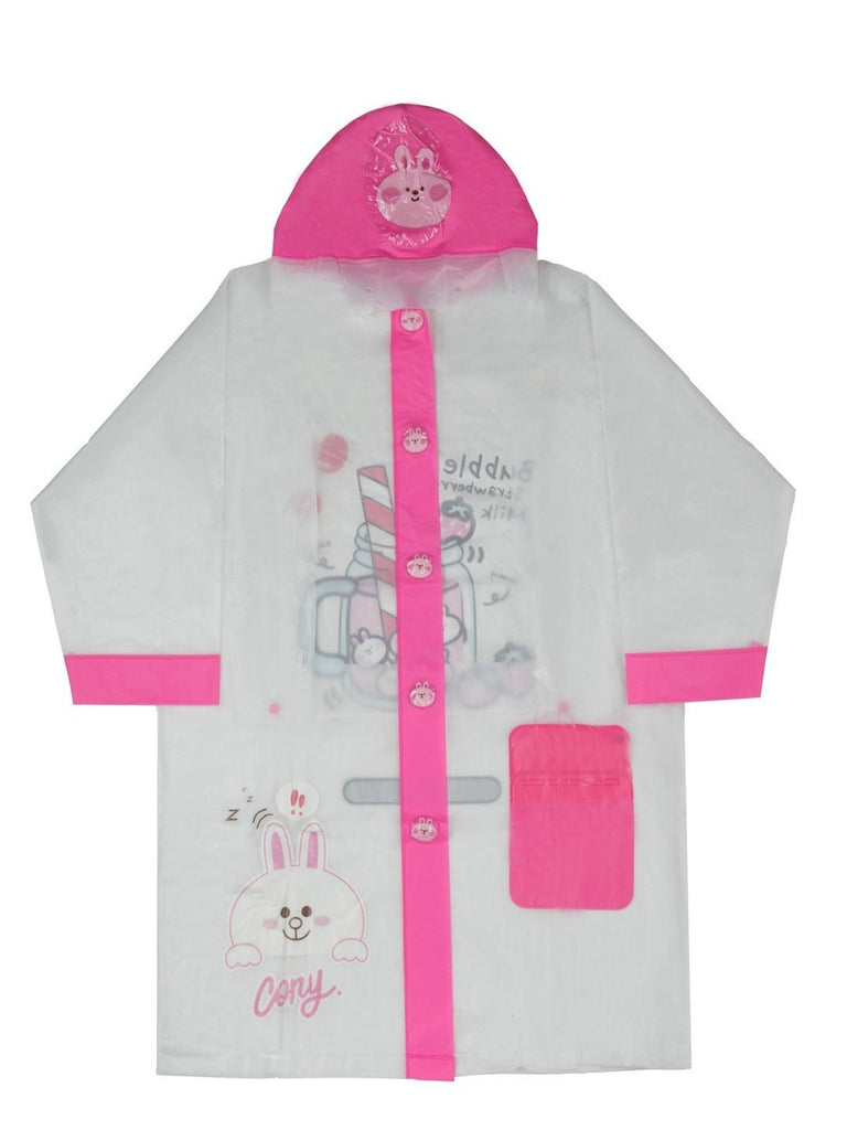 Front view of the Pink Bunny-Themed White Raincoat for Girls by Yellow Bee.