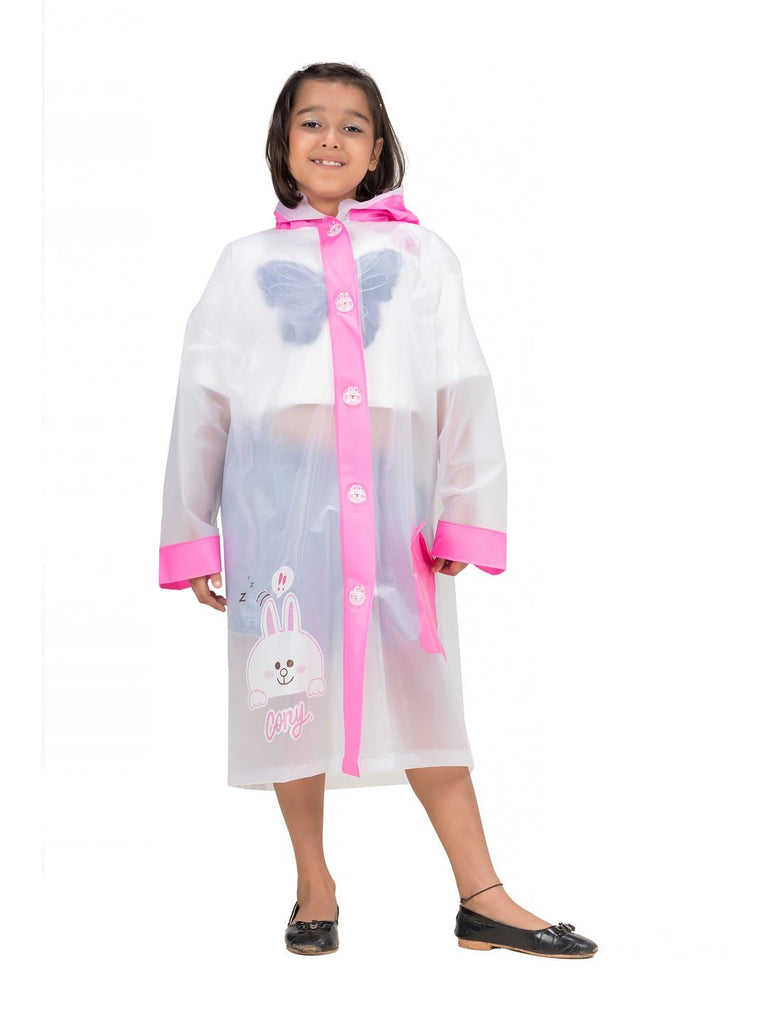 pink-bunny-themed-white-raincoat-for-girls-Front View