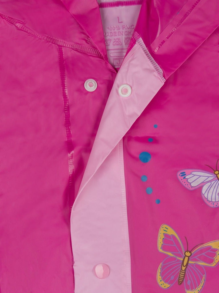 Close-up view of Yellow Bee Pink Butterfly Raincoat for Girls, highlighting the butterfly pattern and button details.