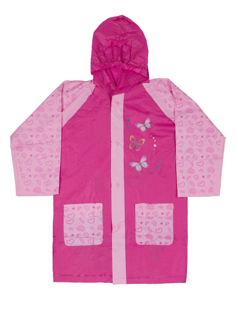 Front view of Yellow Bee Pink Butterfly Raincoat for Girls with button closure and vibrant pink color.