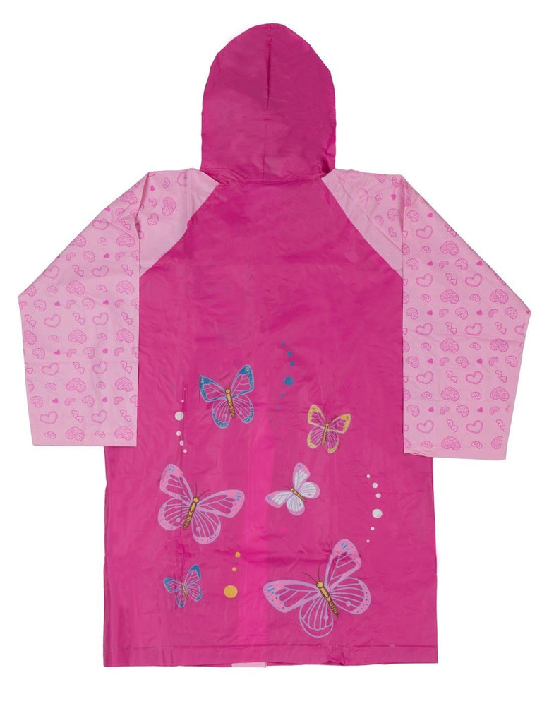 Back view of Yellow Bee Pink Butterfly Raincoat for Girls, showing full coverage and hood.