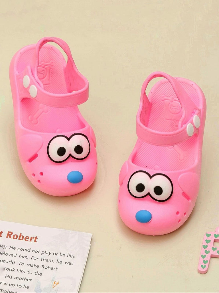 Creatively arranged Yellow Bee pink puppy sandals for girls.