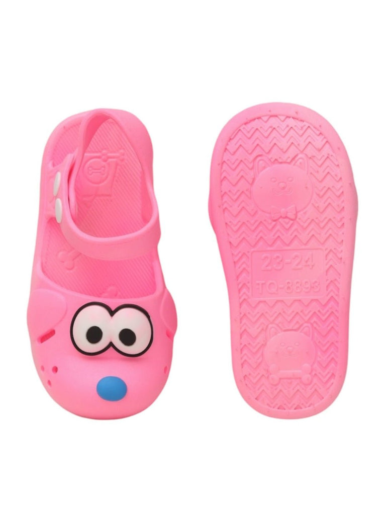 Front and back view of the girls' pink puppy sandals, displaying their playful and practical features.