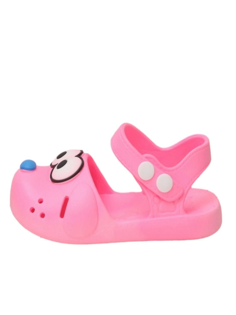 Side view of Yellow Bee's pink puppy sandals, emphasizing their stylish and functional design.