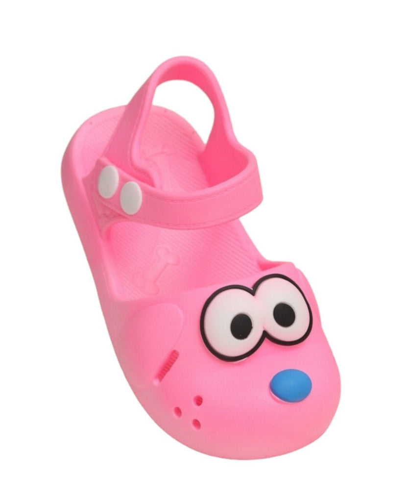 Angle view of Yellow Bee's girls' pink cartoon puppy sandals showcasing the adorable design.