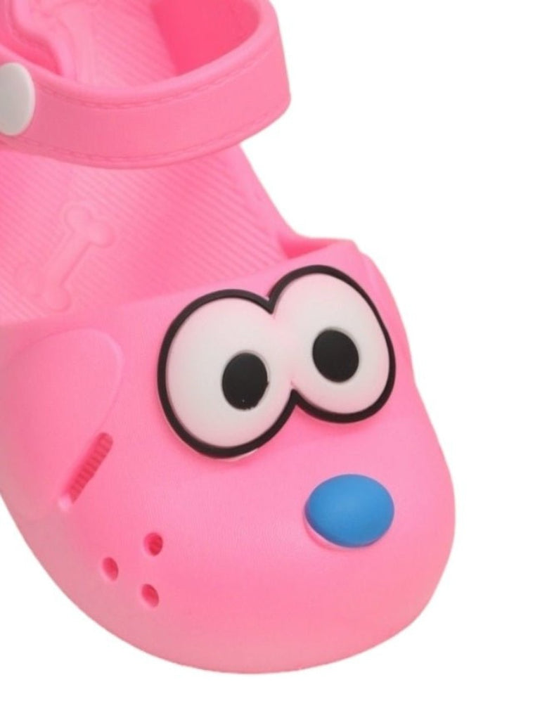 Close-up zoom view of the pink puppy sandals, focusing on the detailed puppy face design.