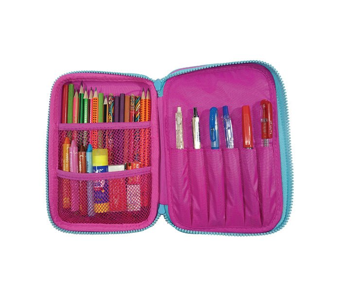 Interior view of Smily Kiddos Pencil Case open to display inner mesh compartments and pen slots for organized storage.