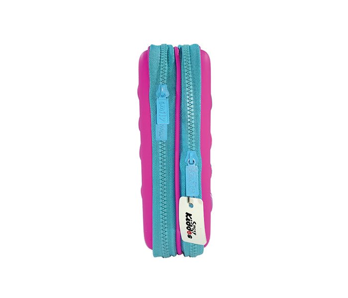 Side view of the pink Smily Kiddos Pencil Case, emphasizing the depth and capacity of the double compartments.