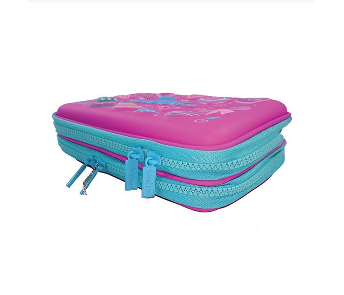 Back view of Smily Kiddos Pink Double Compartment Pencil Case highlighting the secure zippers and durable material.