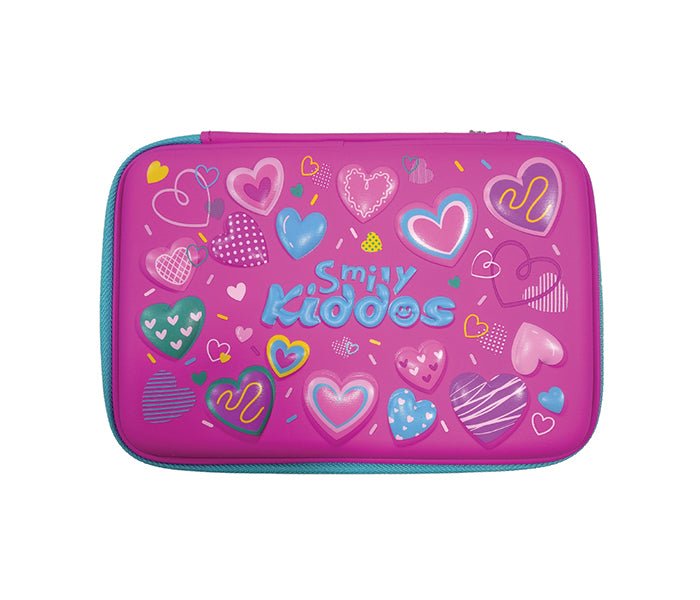 Front view of Smily Kiddos Pink Pencil Case with a playful heart design, showcasing the case's vibrant color and appeal.
