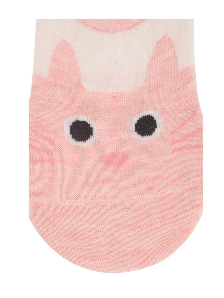 Close-up zoom view of Pink Kitty No-Show Socks for Kids with detailed kitty face design
