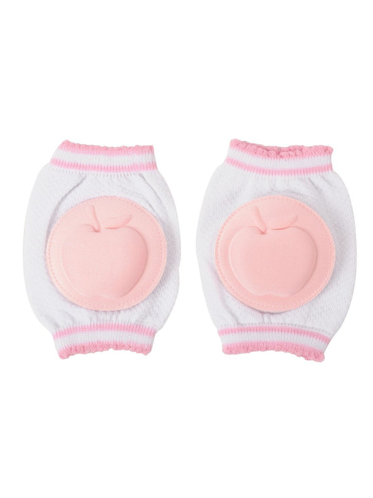 Front View of Yellow Bee Pink Knee Protection Pads for Babies with Pink Apple Cushion