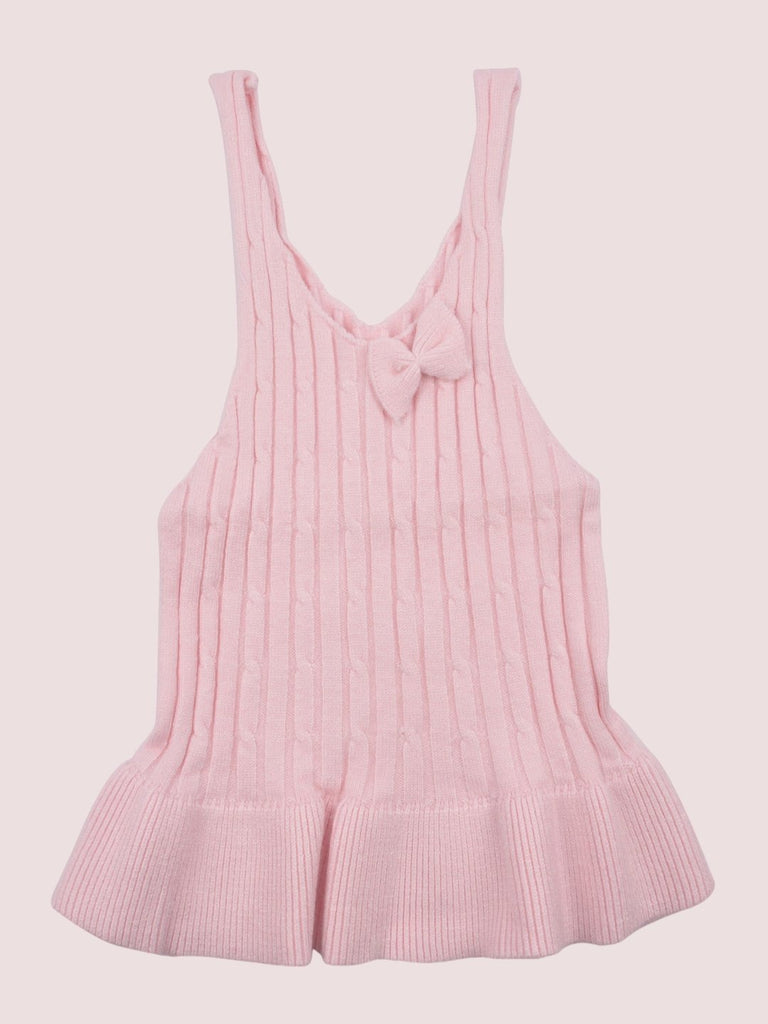 Front view of Pink Knitted Sleeveless Ruffled Top with Bow Detail for Girls