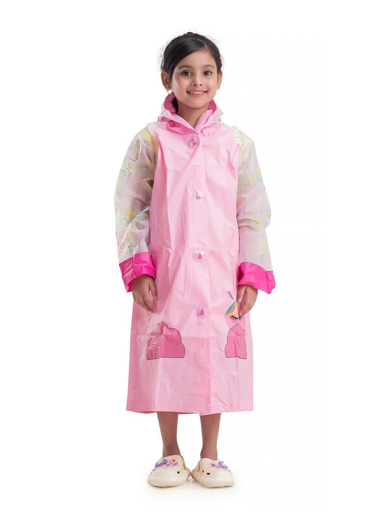 Full front view of Yellow Bee Pink Magical Unicorn Raincoat for Girls