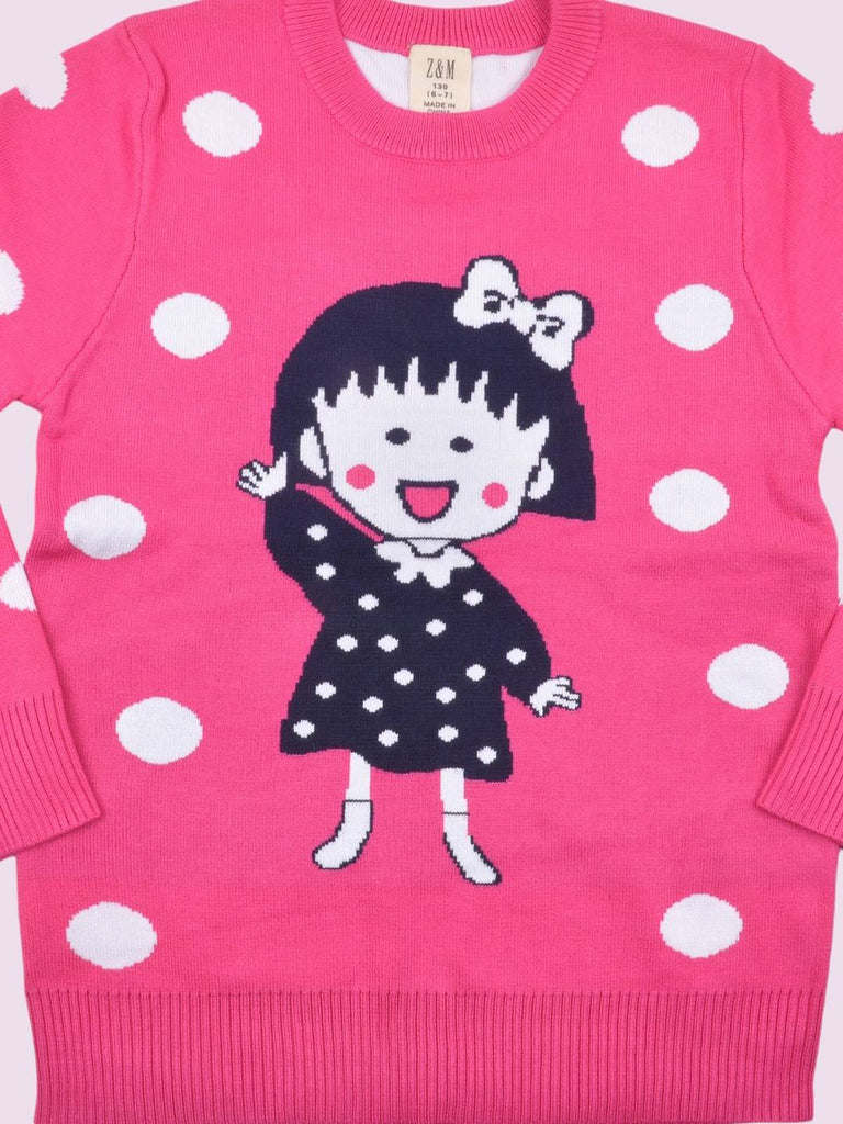 nkPolkaDotSweaterwithCartoonGirlDesignforKidsCLOSEView