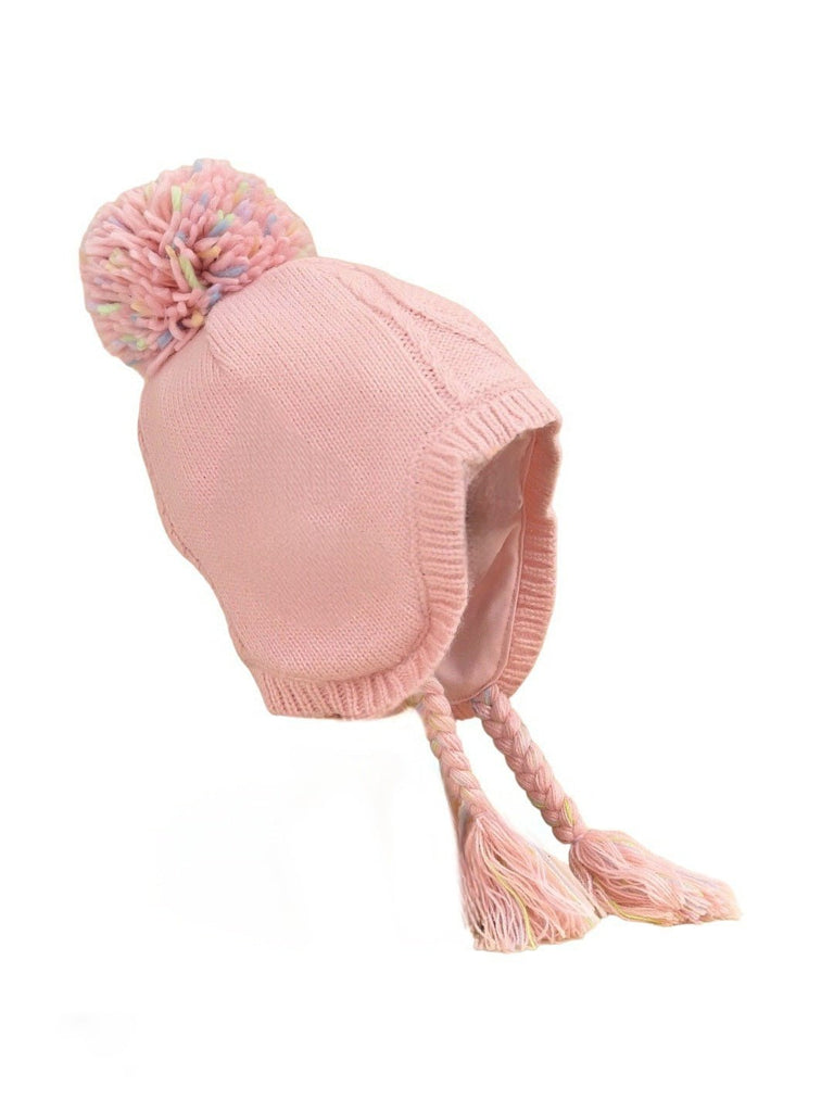 Pink Pom-Pom Winter Hat with Embroidered Unicorn Design for Girls- Full View