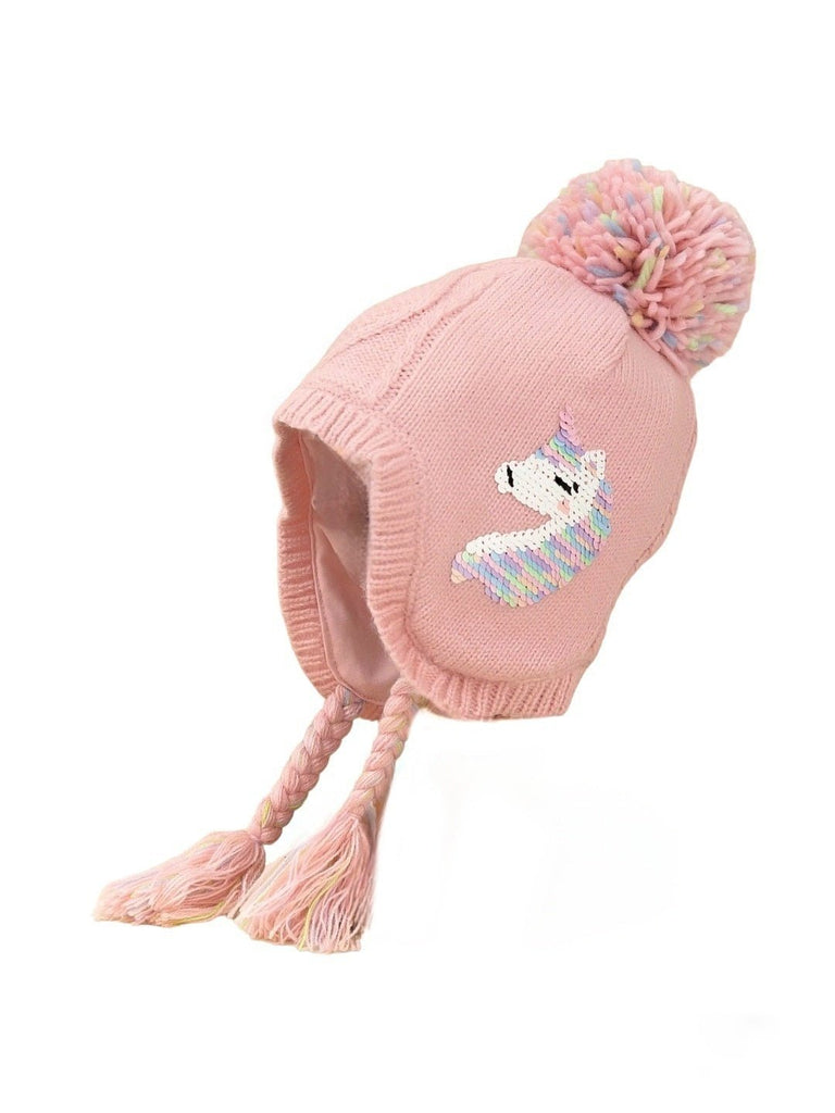 Pink Pom-Pom Winter Hat with Embroidered Unicorn Design for Girls - Side View