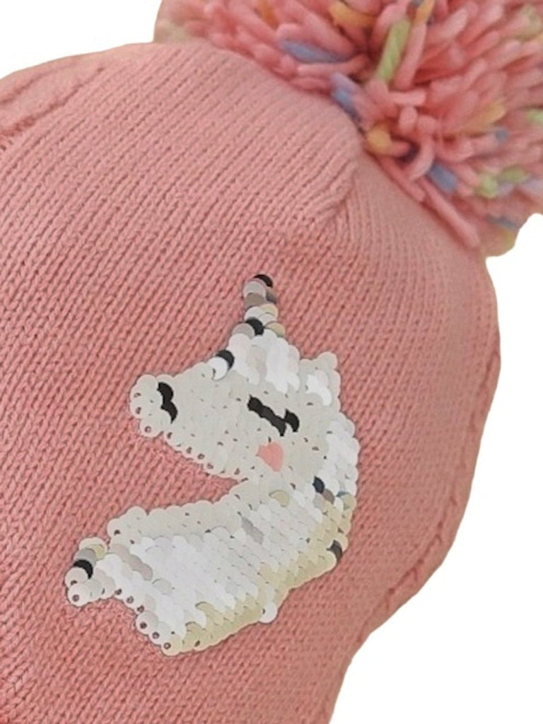 Pink Pom-Pom Winter Hat with Embroidered Unicorn Design for Girls- Close up View