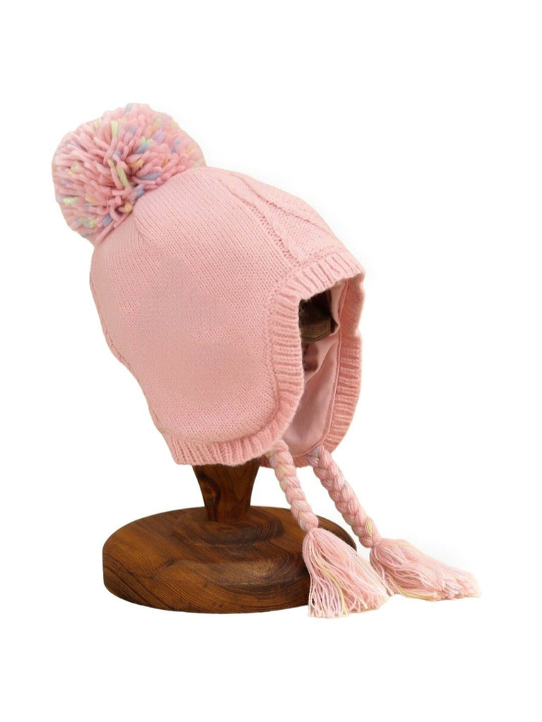 Pink Pom-Pom Winter Hat with Embroidered Unicorn Design for Girls - Front View