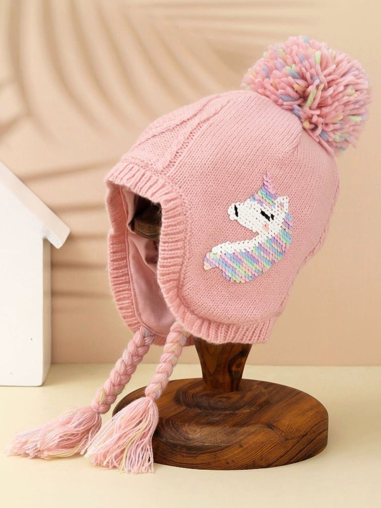 Pink Pom-Pom Winter Hat with Embroidered Unicorn Design for Girls- Creative View