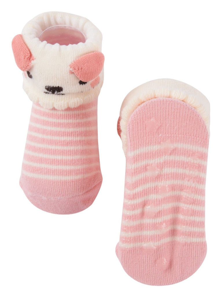 Pink Puppy Baby Socks with 3D Ears and Stripes-Front and Back view