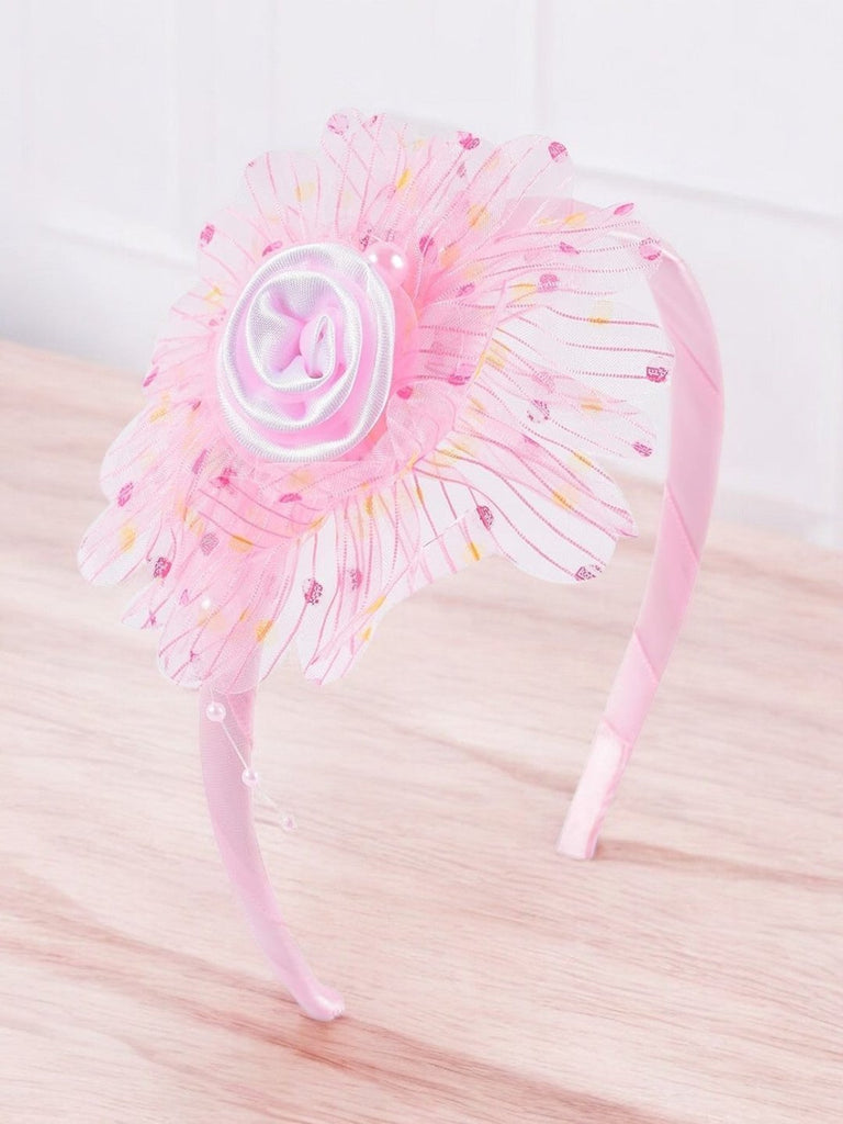 Front view of Yellow Bee Pink Ruffle Flower Hairband with Pearl Detailing