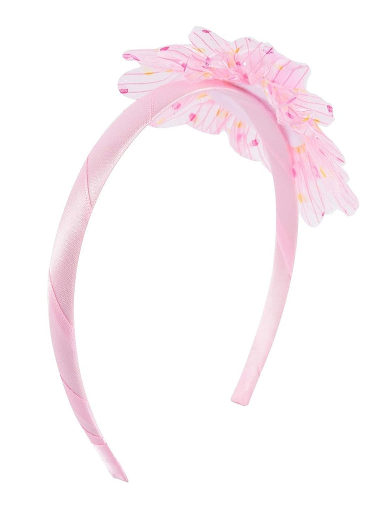 Side view of Yellow Bee Pink Ruffle Flower Hairband with Pearl Detailing