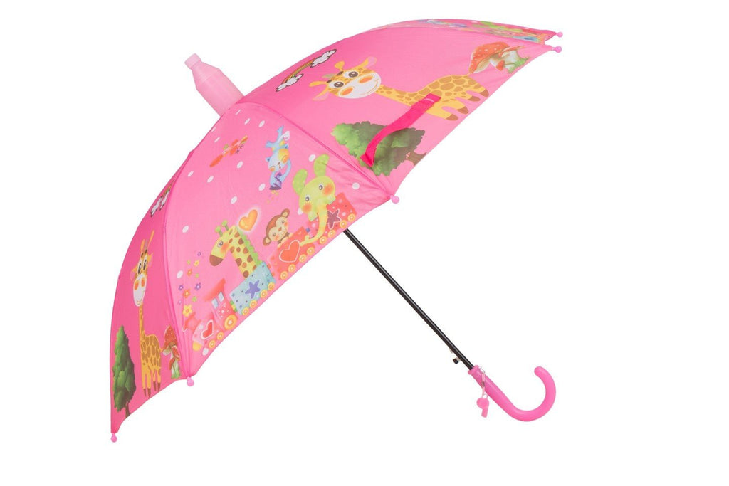 Full view of Pink Safari Animals Umbrella, displaying the expansive coverage and bright pink hue.