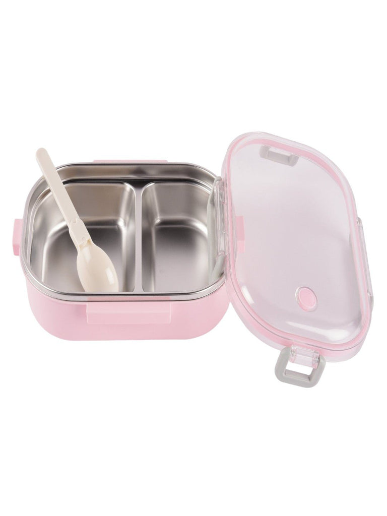 open lid with spoon view of the Yellow Bee Green Stainless Steel Lunch Box, emphasizing its lightweight and sleek design.
