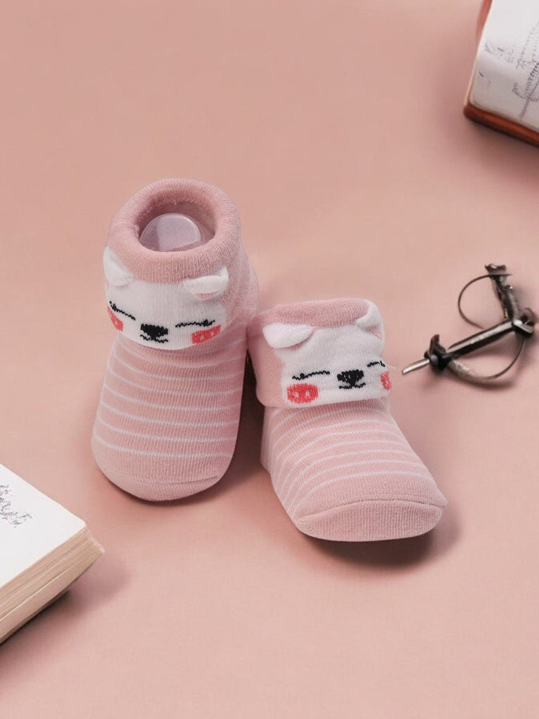 Pink Striped Baby Booties with 3D Cat Face –Creative View