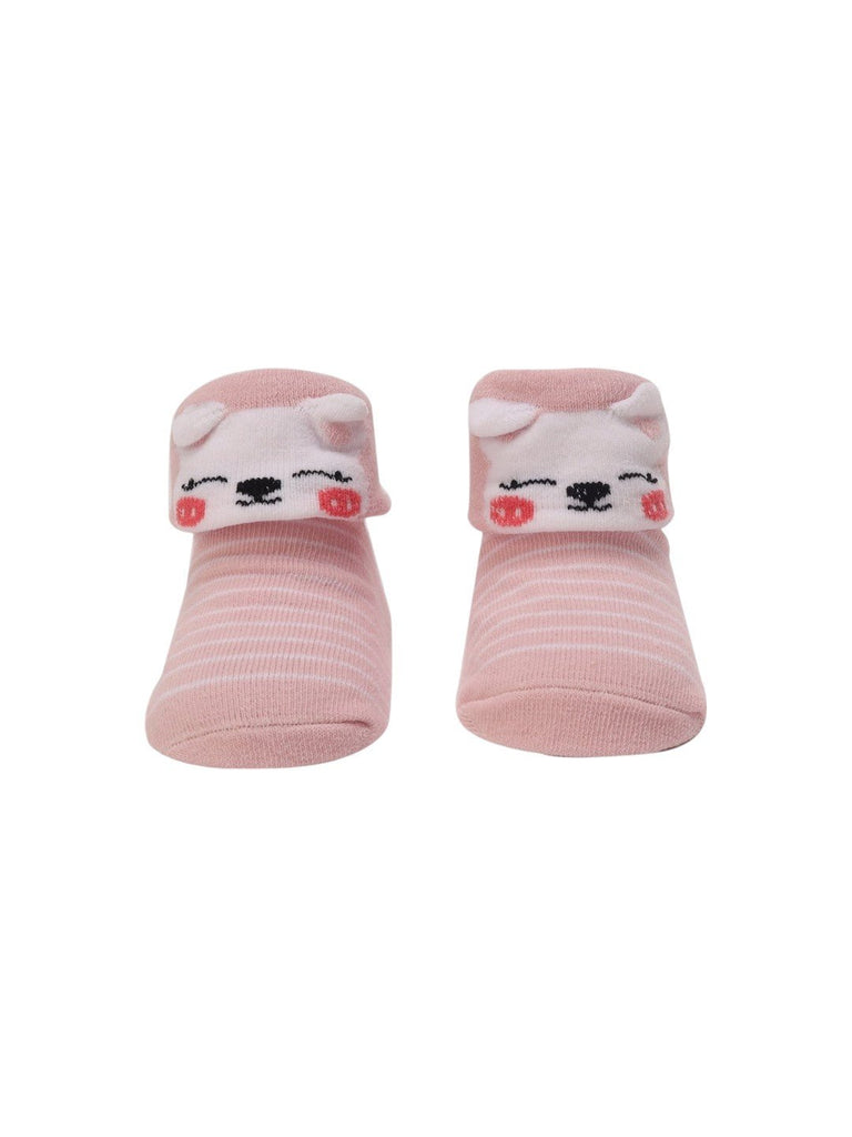 Pink Striped Baby Booties with 3D Cat Face – Front View