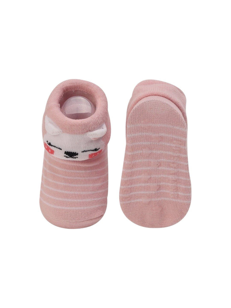 Pink Striped Baby Booties with 3D Cat Face – Front & Back View