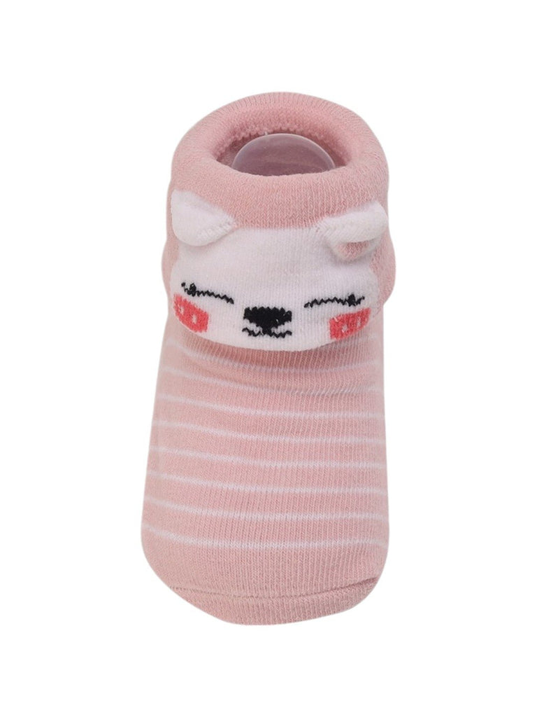 Pink Striped Baby Booties with 3D Cat Face – Close-up View