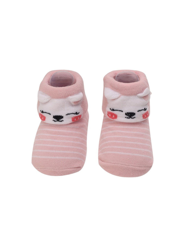 Pink Striped Baby Booties with 3D Cat Face – Upper View