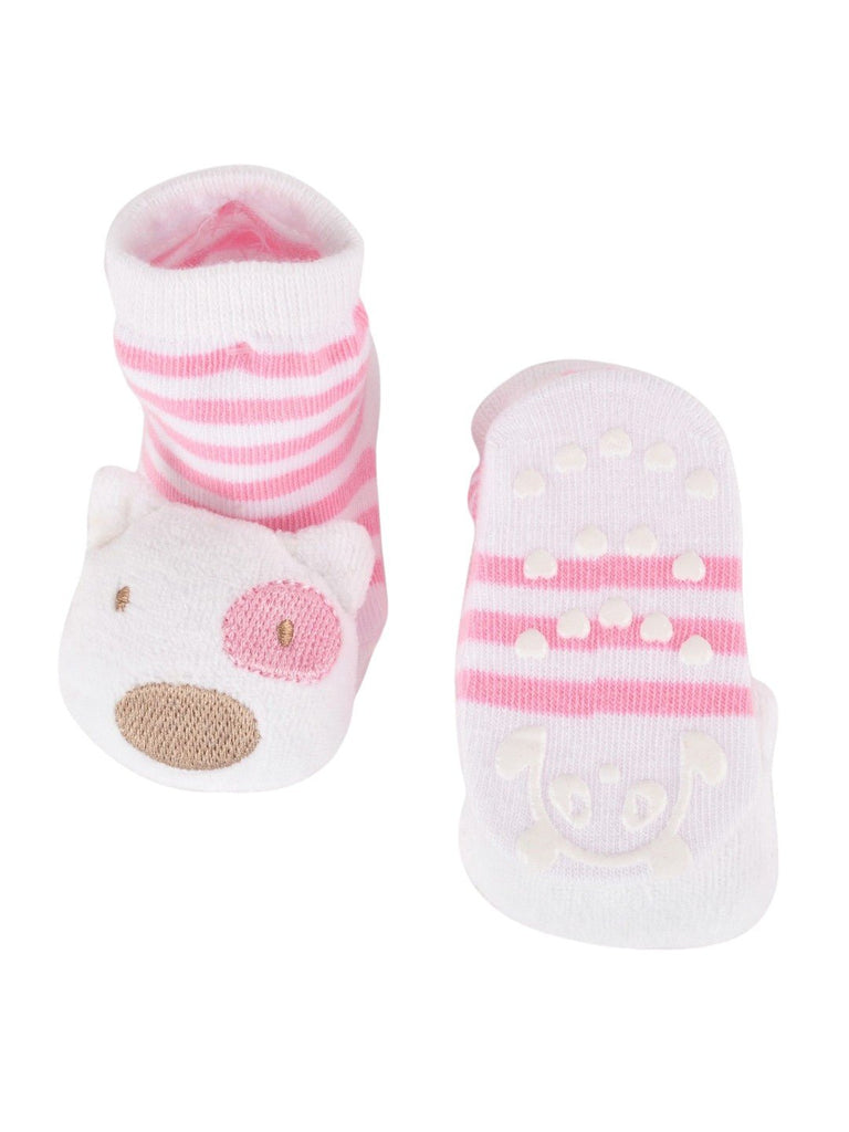 Front and back view of pink striped socks with adorable 3D bear face.
