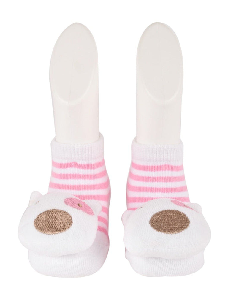 Front angle view showcasing the 3D bear face detail on pink striped socks.