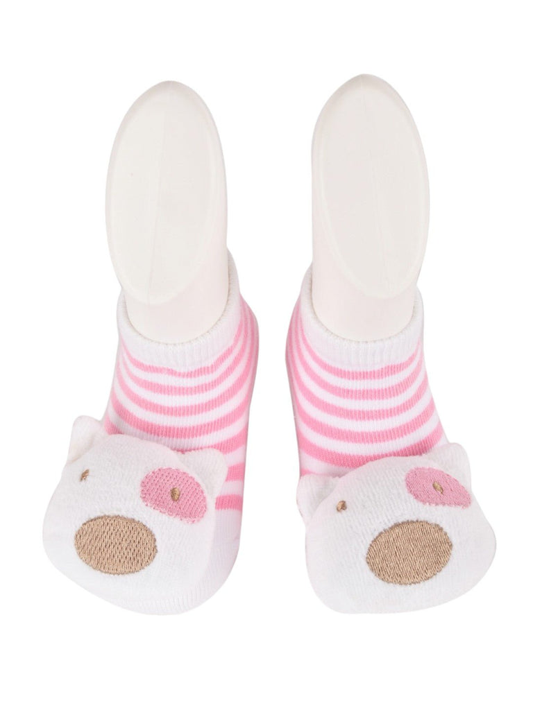 Full front view of pink striped socks with a cute bear face.