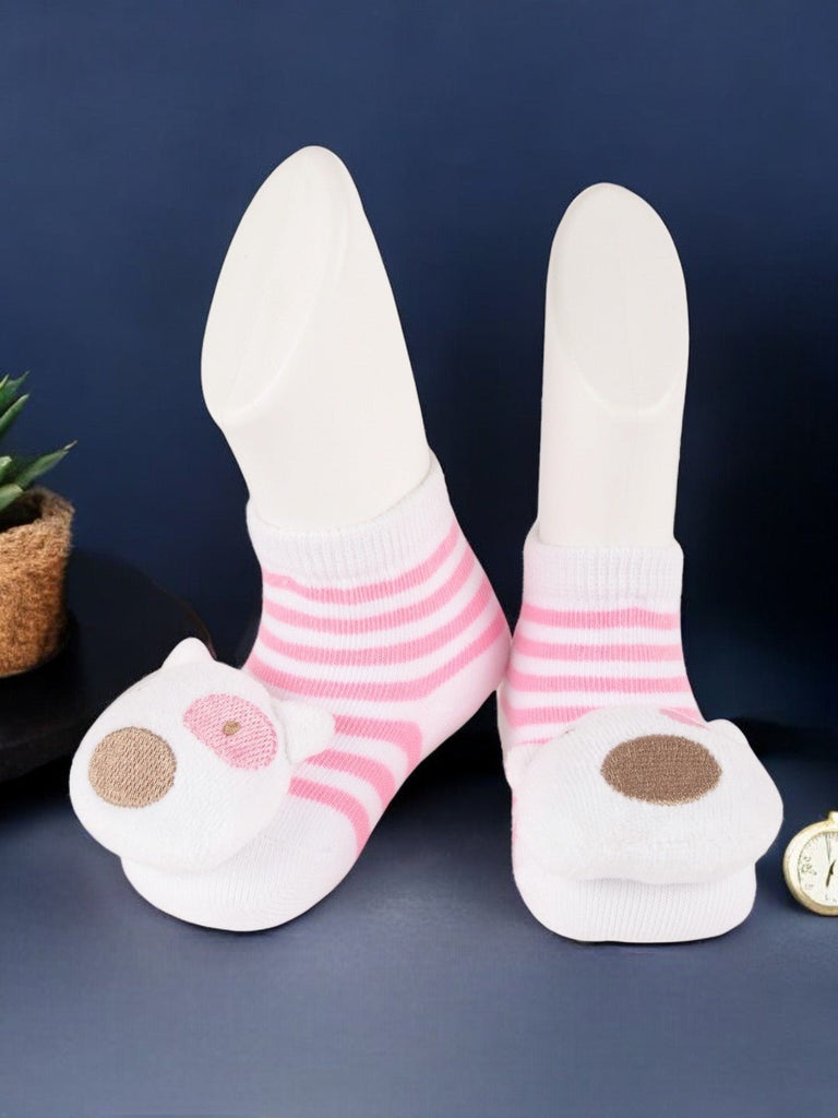 Creative view of pink striped socks with 3D bear face design by Yellow Bee.